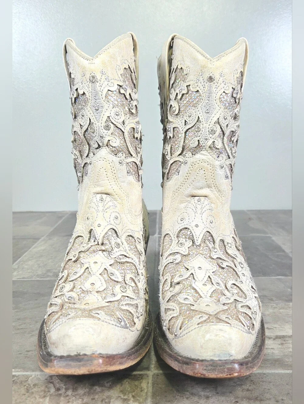 CORRAL INLAY & CRYSTAL WHITE BONE WESTERN BOOTS.
